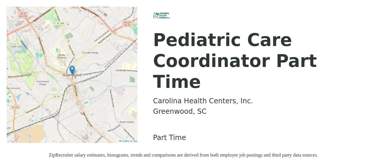 Carolina Health Centers, Inc. job posting for a Pediatric Care Coordinator Part Time in Greenwood, SC with a salary of $19 to $30 Hourly with a map of Greenwood location.