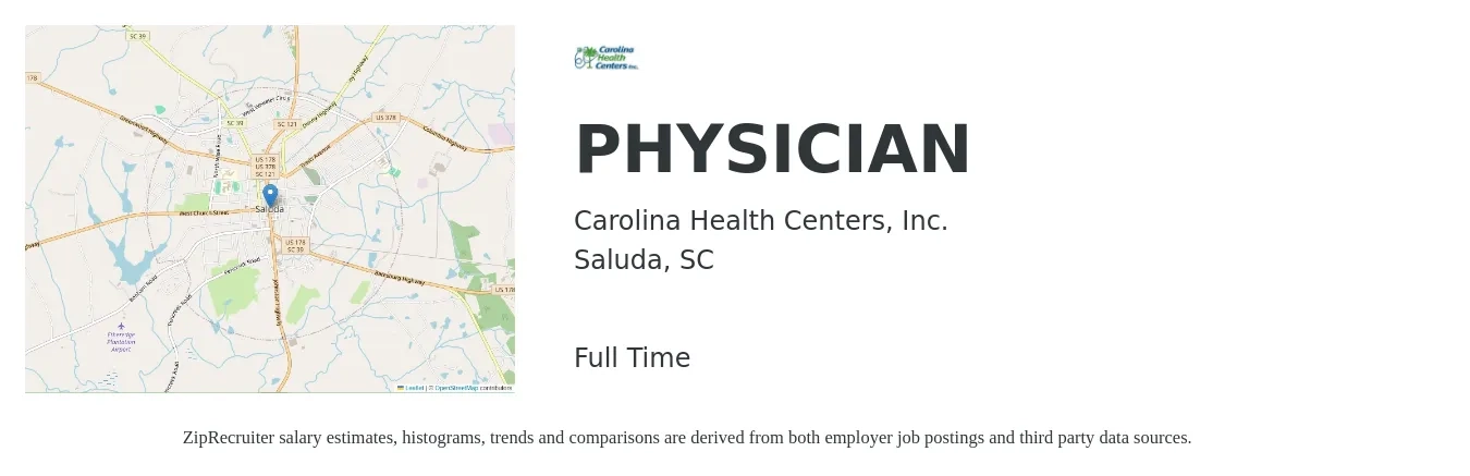 Carolina Health Centers, Inc. job posting for a PHYSICIAN in Saluda, SC with a salary of $110,400 to $214,000 Yearly with a map of Saluda location.