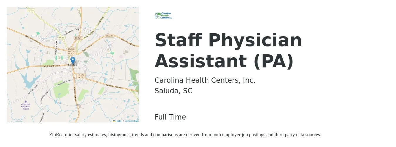 Carolina Health Centers, Inc. job posting for a Staff Physician Assistant (PA) in Saluda, SC with a salary of $85,600 to $116,000 Yearly with a map of Saluda location.