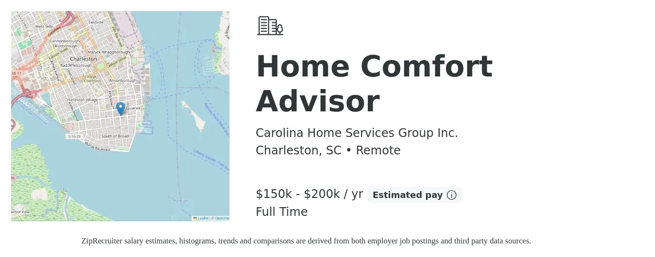 Carolina Home Services Group Inc. job posting for a Home Comfort Advisor in Charleston, SC with a salary of $150,000 to $200,000 Yearly with a map of Charleston location.