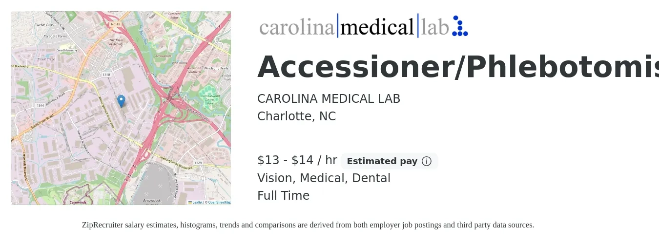 CAROLINA MEDICAL LAB job posting for a Accessioner/Phlebotomist in Charlotte, NC with a salary of $14 to $15 Hourly and benefits including medical, retirement, vision, dental, and life_insurance with a map of Charlotte location.