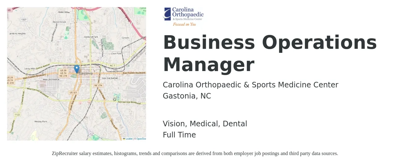 Carolina Orthopaedic & Sports Medicine Center job posting for a Business Operations Manager in Gastonia, NC with a salary of $59,400 to $100,100 Yearly and benefits including pto, retirement, vision, dental, life_insurance, and medical with a map of Gastonia location.