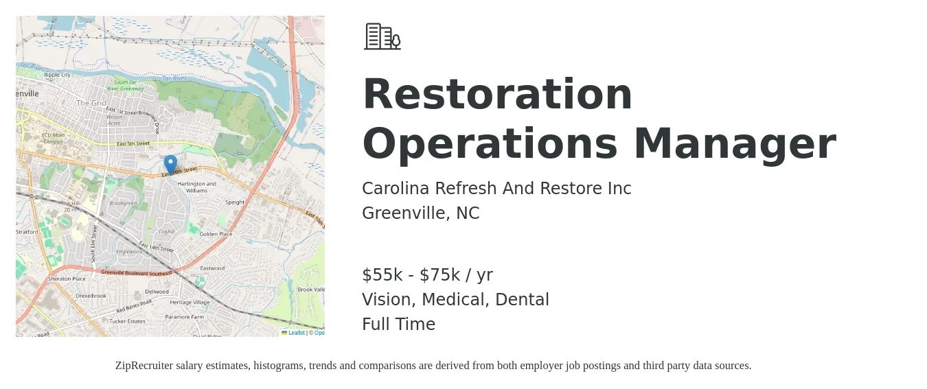 Carolina Refresh And Restore Inc job posting for a Restoration Operations Manager in Greenville, NC with a salary of $55,000 to $75,000 Yearly with a map of Greenville location.