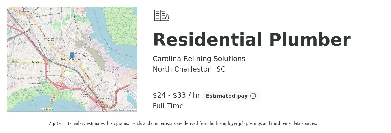 Carolina Relining Solutions job posting for a Residential Plumber in North Charleston, SC with a salary of $25 to $35 Hourly with a map of North Charleston location.