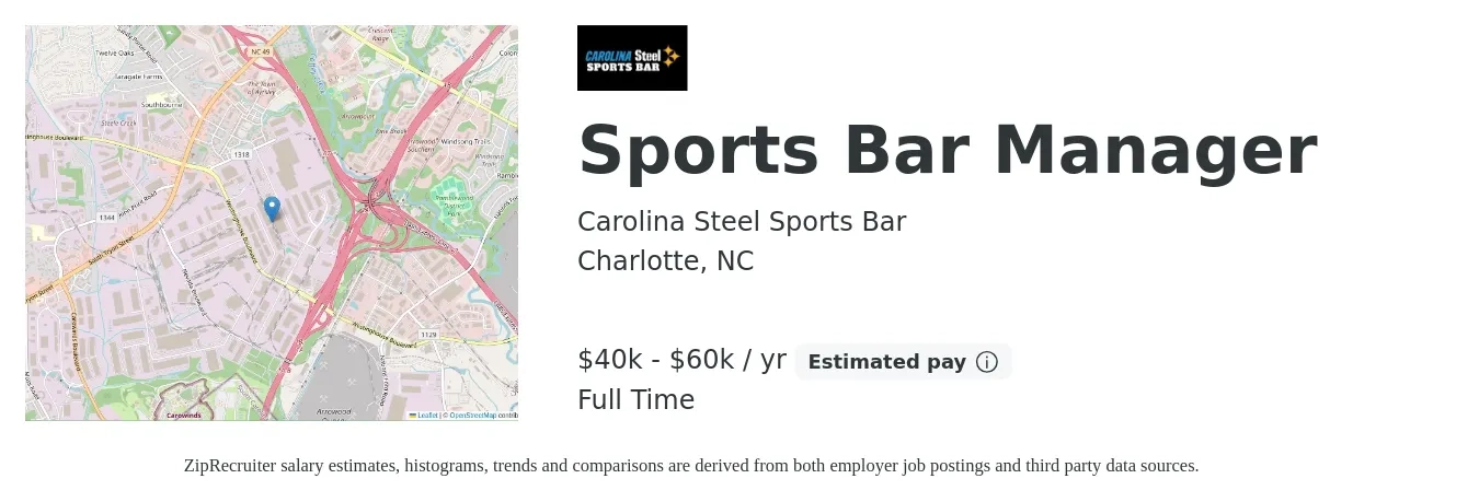 Carolina Steel Sports Bar job posting for a Sports Bar Manager in Charlotte, NC with a salary of $40,000 to $60,000 Yearly with a map of Charlotte location.