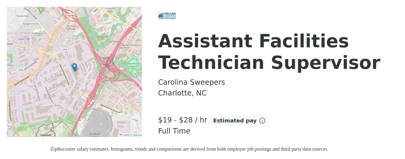 Carolina Sweepers job posting for a Assistant Facilities Technician Supervisor in Charlotte, NC with a salary of $20 to $30 Hourly with a map of Charlotte location.