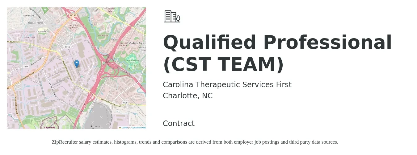 Carolina Therapeutic Services First job posting for a Qualified Professional (CST TEAM) in Charlotte, NC with a salary of $1,620 to $2,250 Weekly with a map of Charlotte location.