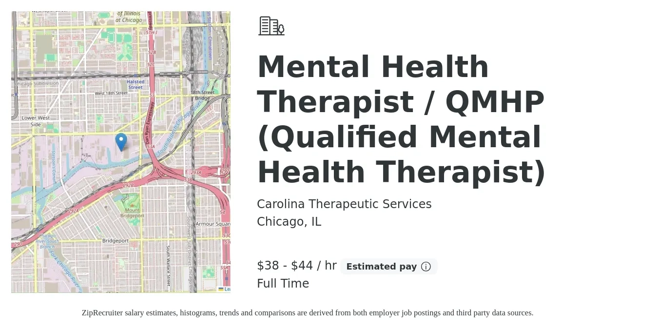 Carolina Therapeutic Services job posting for a Mental Health Therapist / QMHP (Qualified Mental Health Therapist) in Chicago, IL with a salary of $40 to $46 Hourly with a map of Chicago location.