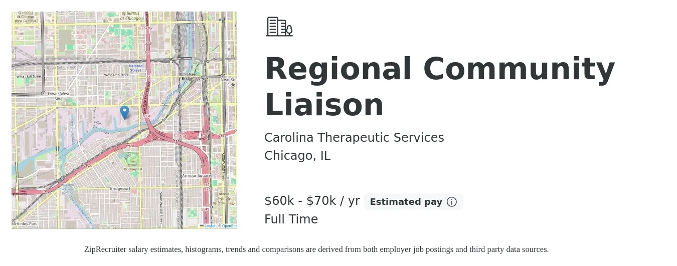 Carolina Therapeutic Services job posting for a Regional Community Liaison in Chicago, IL with a salary of $60,000 to $70,000 Yearly with a map of Chicago location.