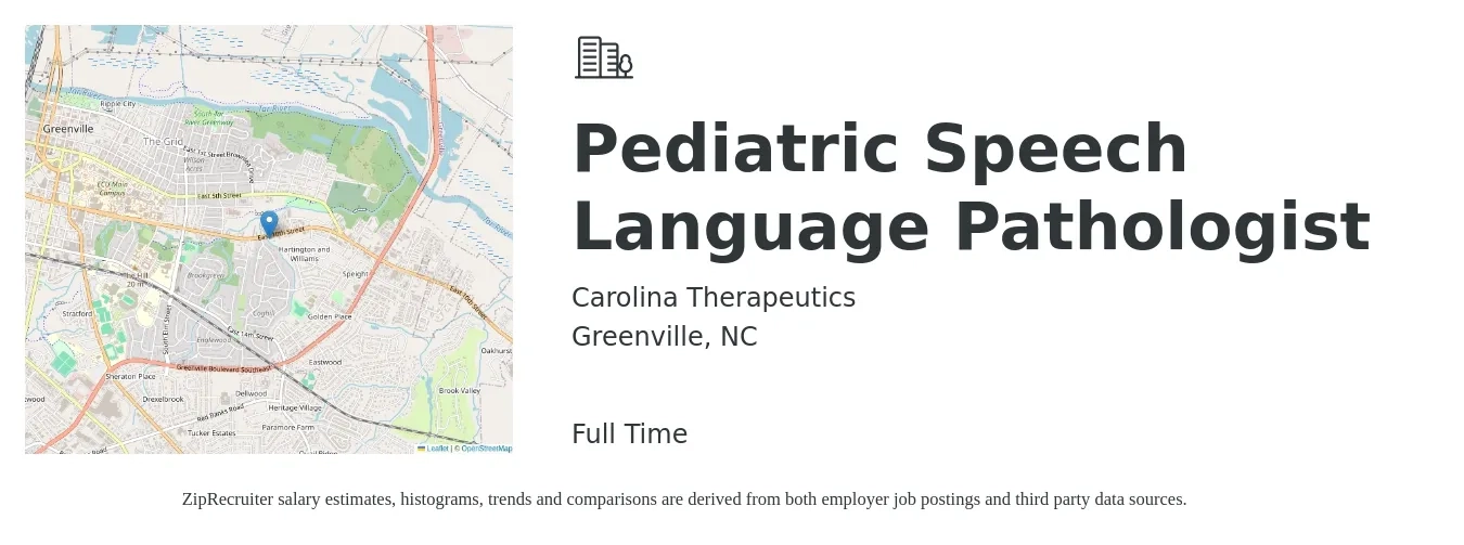 Carolina Therapeutics job posting for a Pediatric Speech Language Pathologist in Greenville, NC with a salary of $40 to $45 Hourly with a map of Greenville location.