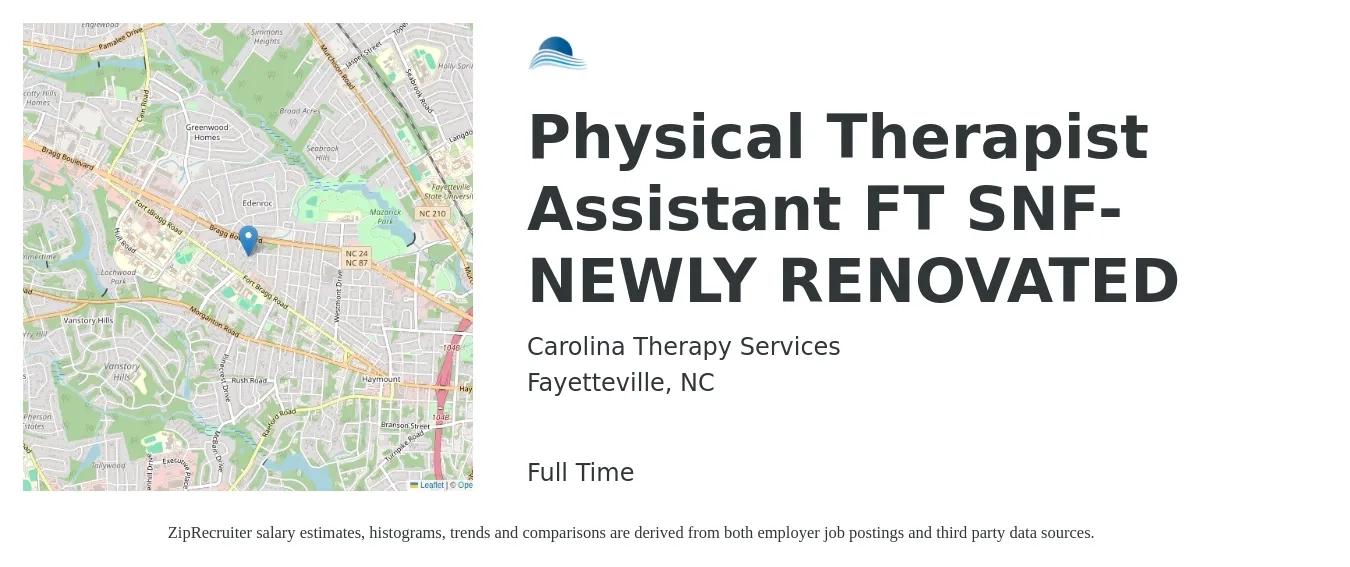 Carolina Therapy Services job posting for a Physical Therapist Assistant FT SNF- NEWLY RENOVATED in Fayetteville, NC with a salary of $26 to $34 Hourly with a map of Fayetteville location.