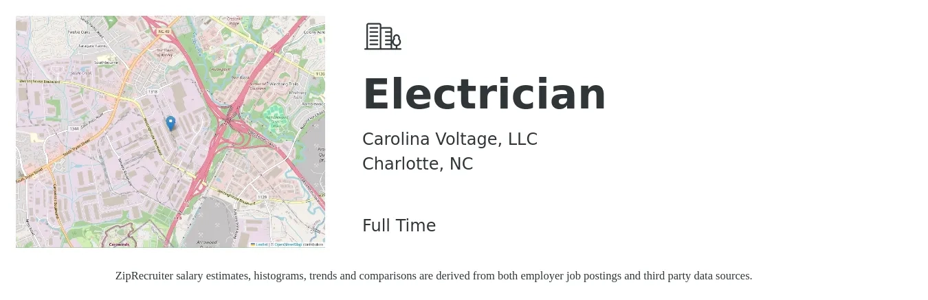 Carolina Voltage, LLC job posting for a Electrician in Charlotte, NC with a salary of $23 to $40 Hourly with a map of Charlotte location.
