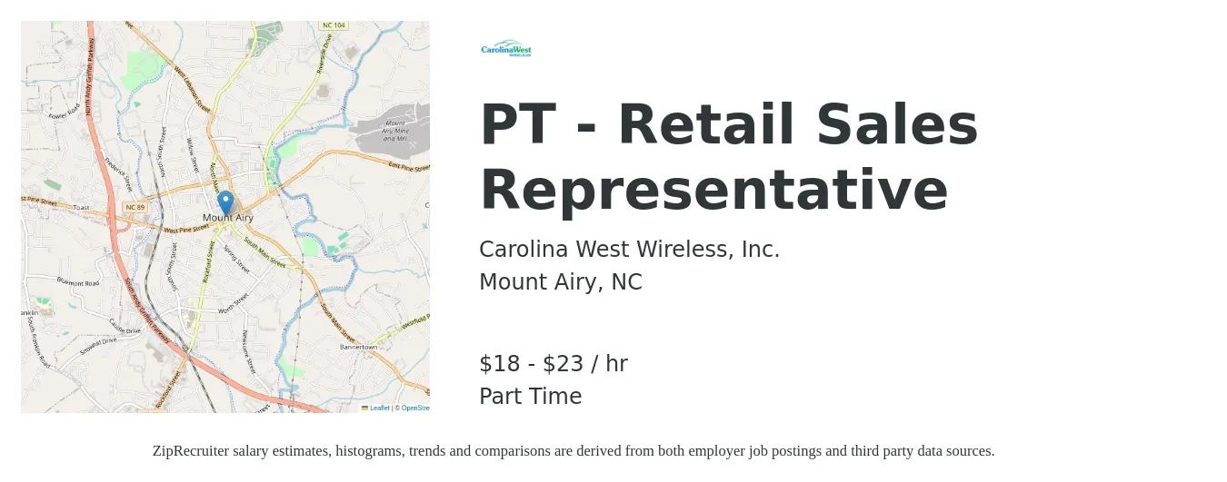 Carolina West Wireless, Inc. job posting for a PT - Retail Sales Representative in Mount Airy, NC with a salary of $19 to $24 Hourly with a map of Mount Airy location.