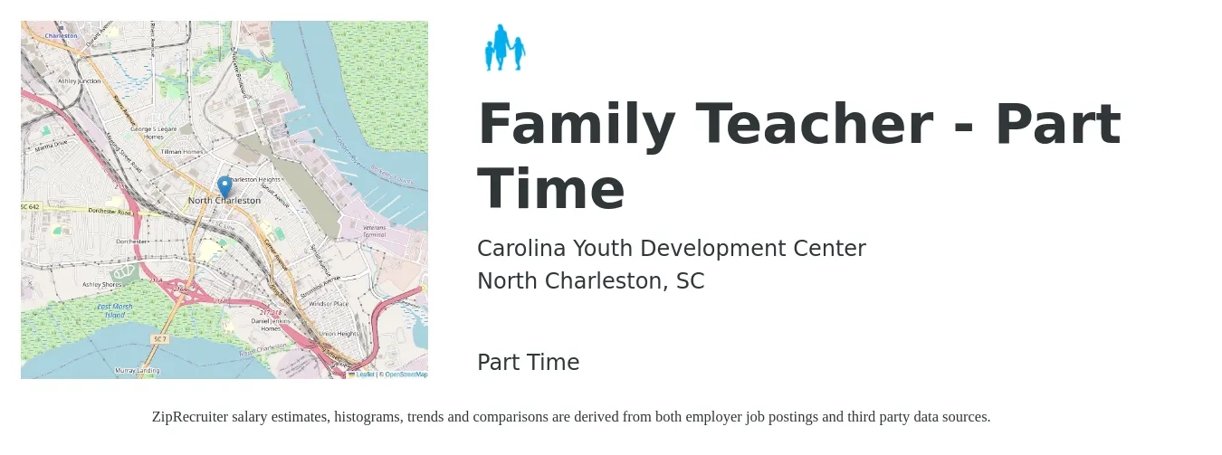 Carolina Youth Development Center job posting for a Family Teacher - Part Time in North Charleston, SC with a salary of $48,700 to $58,700 Yearly with a map of North Charleston location.