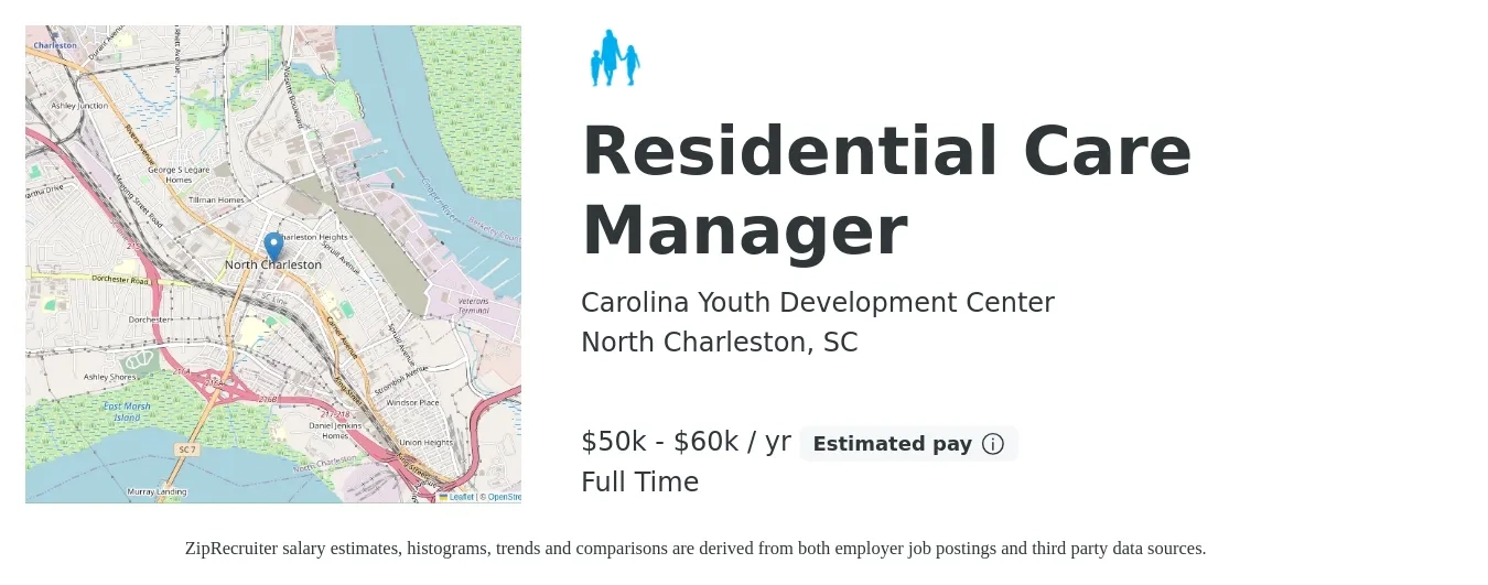 Carolina Youth Development Center job posting for a Residential Care Manager in North Charleston, SC with a salary of $50,000 to $60,000 Yearly with a map of North Charleston location.