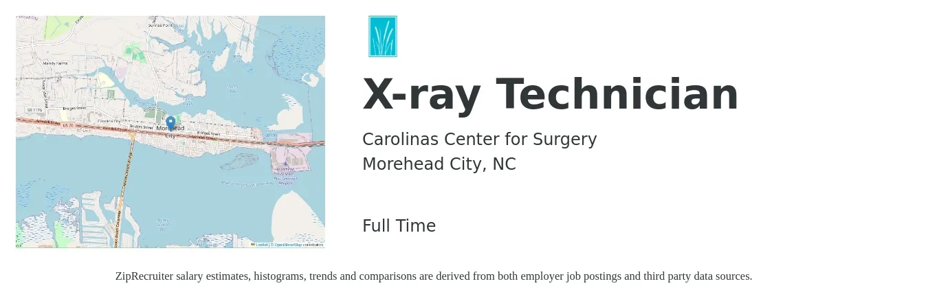 Carolinas Center for Surgery job posting for a X-ray Technician in Morehead City, NC with a salary of $1,660 to $2,380 Weekly with a map of Morehead City location.