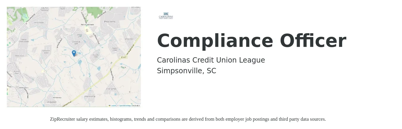Carolinas Credit Union League job posting for a Compliance Officer in Simpsonville, SC with a salary of $54,500 to $101,900 Yearly with a map of Simpsonville location.