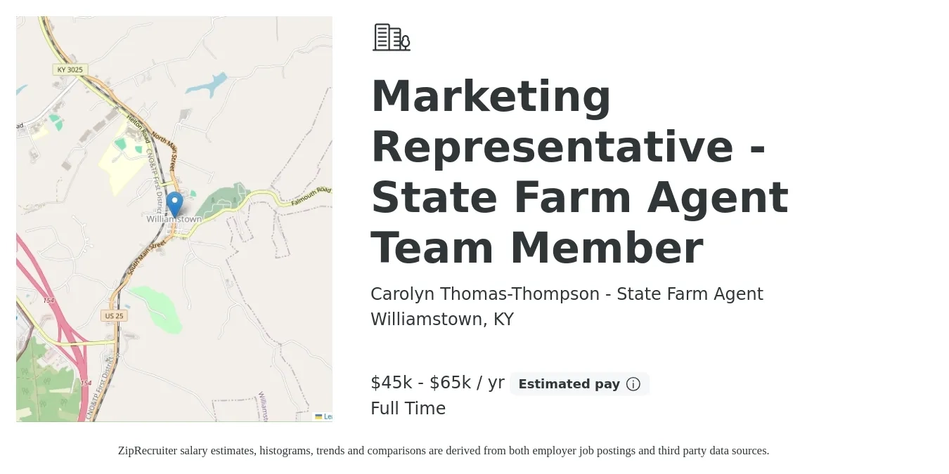 Carolyn Thomas-Thompson - State Farm Agent job posting for a Marketing Representative - State Farm Agent Team Member in Williamstown, KY with a salary of $45,000 to $65,000 Yearly with a map of Williamstown location.