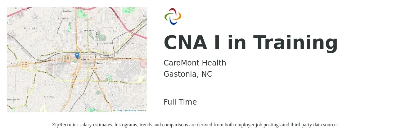 CaroMont Health job posting for a CNA I in Training in Gastonia, NC with a salary of $16 to $22 Hourly with a map of Gastonia location.