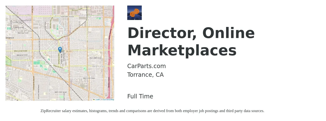 CarParts.com job posting for a Director, Online Marketplaces in Torrance, CA with a salary of $97,600 to $151,500 Yearly with a map of Torrance location.