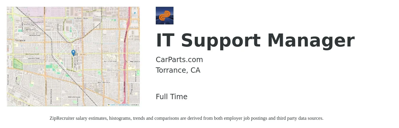 CarParts.com job posting for a IT Support Manager in Torrance, CA with a salary of $70,900 to $102,200 Yearly with a map of Torrance location.