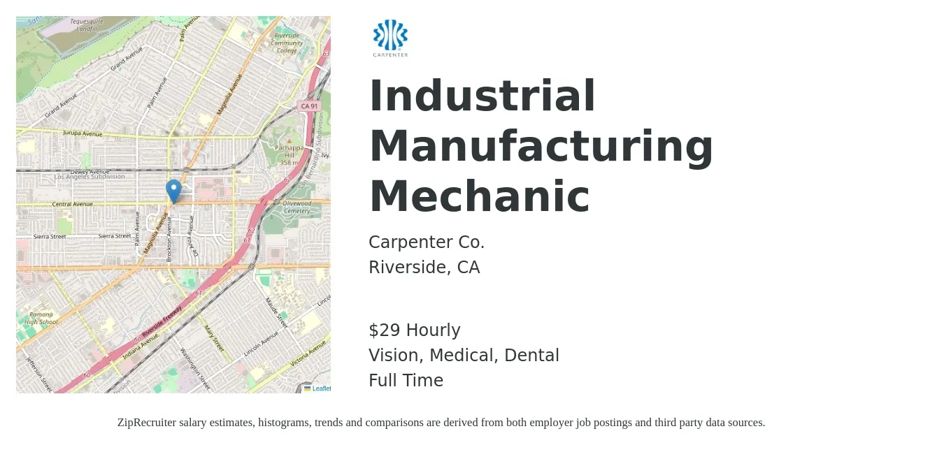 Carpenter Co. job posting for a Industrial Manufacturing Mechanic in Riverside, CA with a salary of $31 Hourly and benefits including dental, life_insurance, medical, retirement, and vision with a map of Riverside location.