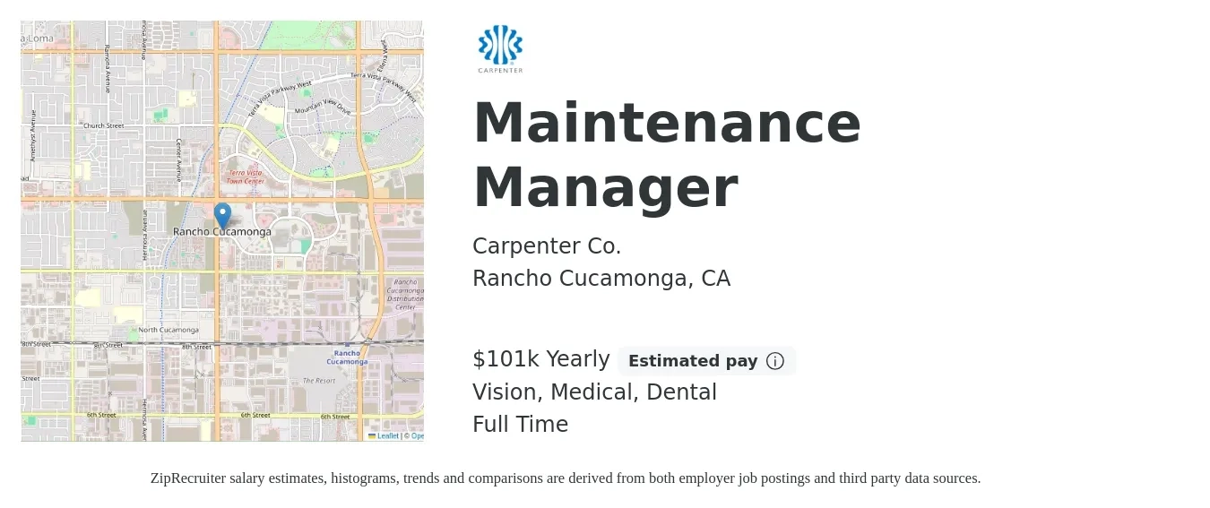 Carpenter Co. job posting for a Maintenance Manager in Rancho Cucamonga, CA with a salary of $101,400 Yearly and benefits including dental, life_insurance, medical, pto, retirement, and vision with a map of Rancho Cucamonga location.