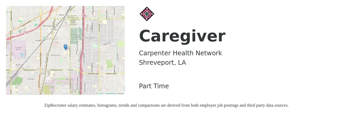 Carpenter Health Network job posting for a Caregiver in Shreveport, LA with a salary of $12 to $14 Hourly with a map of Shreveport location.