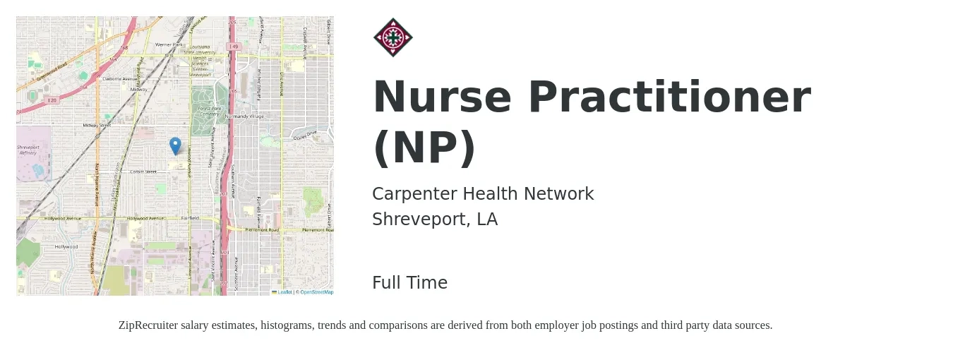 Carpenter Health Network job posting for a Nurse Practitioner (NP) in Shreveport, LA with a salary of $87,500 to $121,600 Yearly with a map of Shreveport location.