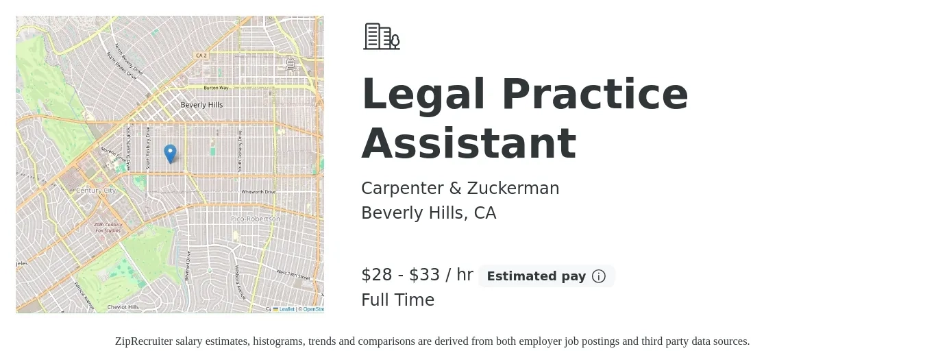 Carpenter & Zuckerman job posting for a Legal Practice Assistant in Beverly Hills, CA with a salary of $30 to $35 Hourly with a map of Beverly Hills location.