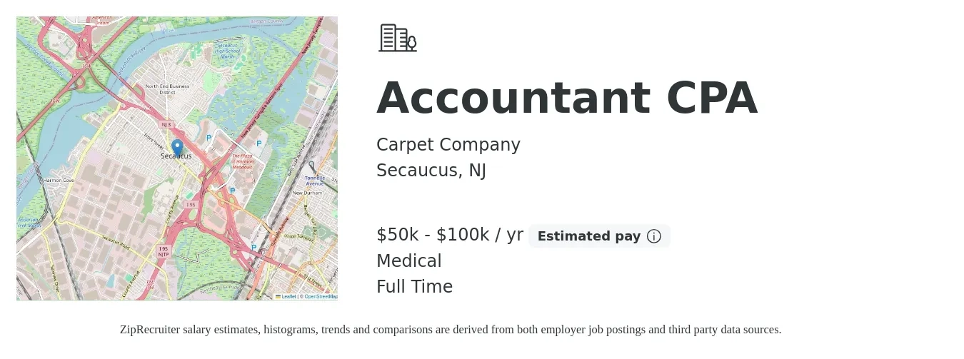 Carpet Company job posting for a Accountant CPA in Secaucus, NJ with a salary of $50,000 to $80,000 Yearly and benefits including medical with a map of Secaucus location.