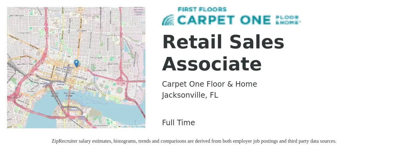 Carpet One Floor & Home job posting for a Retail Sales Associate in Jacksonville, FL with a salary of $800 to $5,000 Weekly with a map of Jacksonville location.