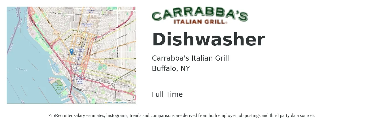 Carrabba's Italian Grill job posting for a Dishwasher in Buffalo, NY with a salary of $15 to $18 Hourly with a map of Buffalo location.