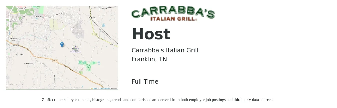 Carrabba's Italian Grill job posting for a Host in Franklin, TN with a salary of $12 to $16 Hourly with a map of Franklin location.