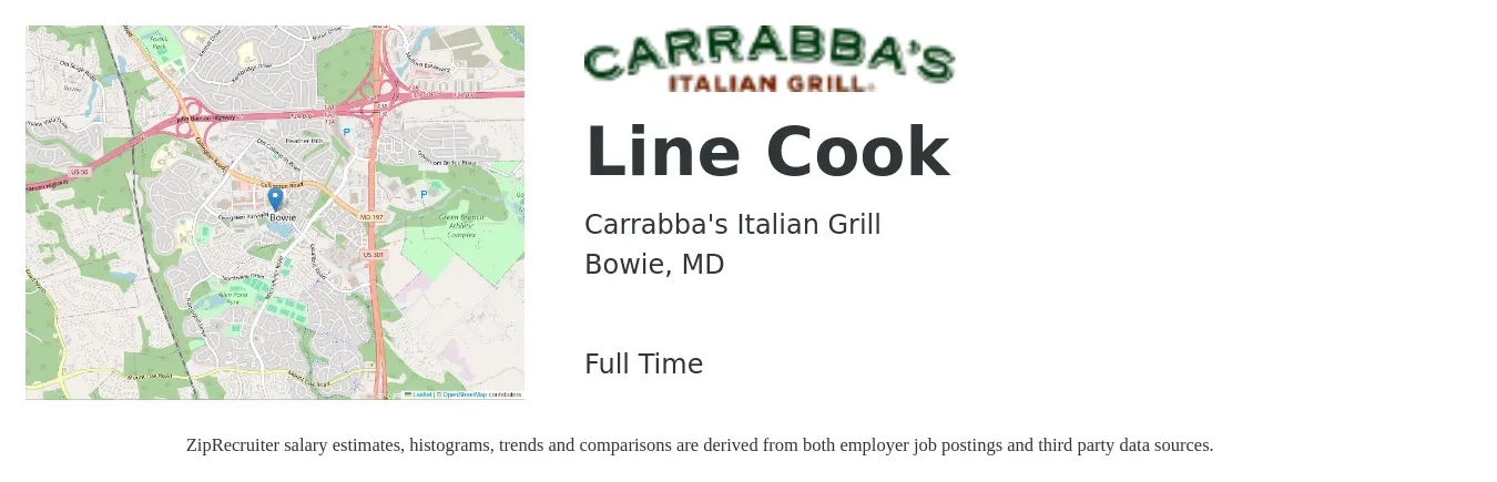 Carrabba's Italian Grill job posting for a Line Cook in Bowie, MD with a salary of $15 to $19 Hourly with a map of Bowie location.