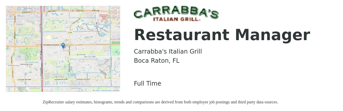 Carrabba's Italian Grill job posting for a Restaurant Manager in Boca Raton, FL with a salary of $41,400 to $58,500 Yearly with a map of Boca Raton location.