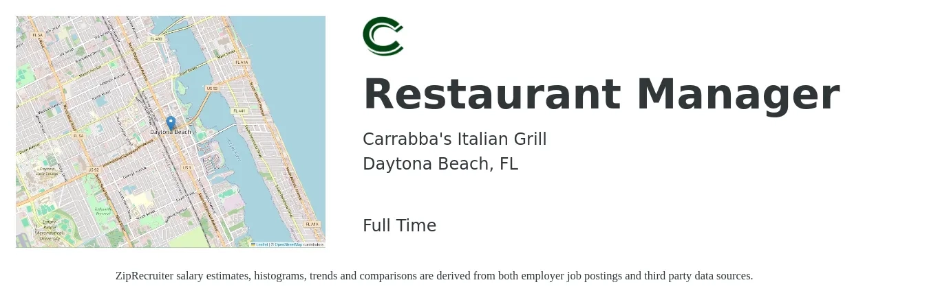 Carrabba's Italian Grill job posting for a Restaurant Manager in Daytona Beach, FL with a salary of $43,200 to $61,000 Yearly with a map of Daytona Beach location.