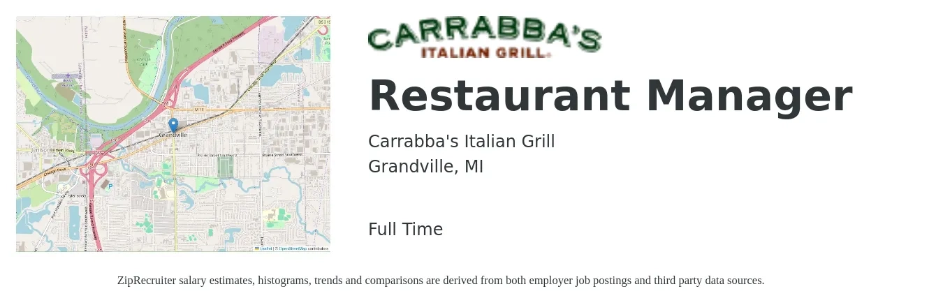 Carrabba's Italian Grill job posting for a Restaurant Manager in Grandville, MI with a salary of $40,300 to $56,800 Yearly with a map of Grandville location.