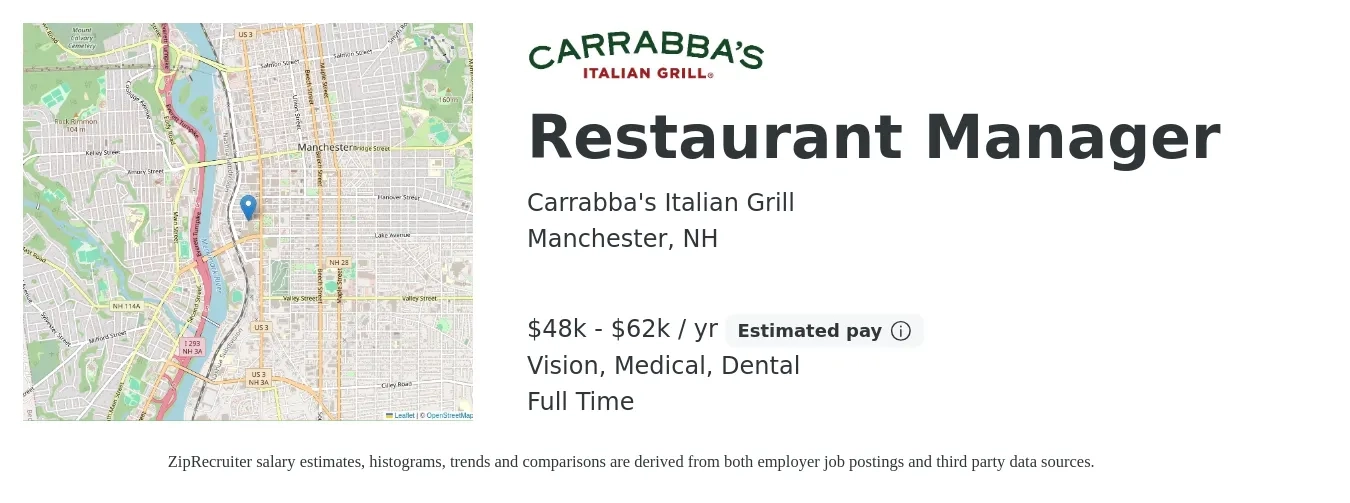 Carrabba's Italian Grill job posting for a Restaurant Manager in Manchester, NH with a salary of $48,000 to $62,000 Yearly (plus commission) and benefits including medical, retirement, vision, dental, and life_insurance with a map of Manchester location.