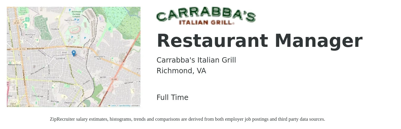 Carrabba's Italian Grill job posting for a Restaurant Manager in Richmond, VA with a salary of $41,400 to $58,400 Yearly with a map of Richmond location.