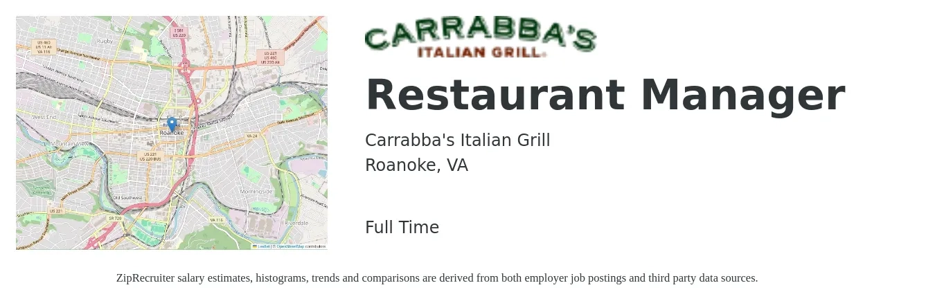 Carrabba's Italian Grill job posting for a Restaurant Manager in Roanoke, VA with a salary of $48,000 to $62,000 Yearly (plus commission) and benefits including dental, life_insurance, medical, retirement, and vision with a map of Roanoke location.