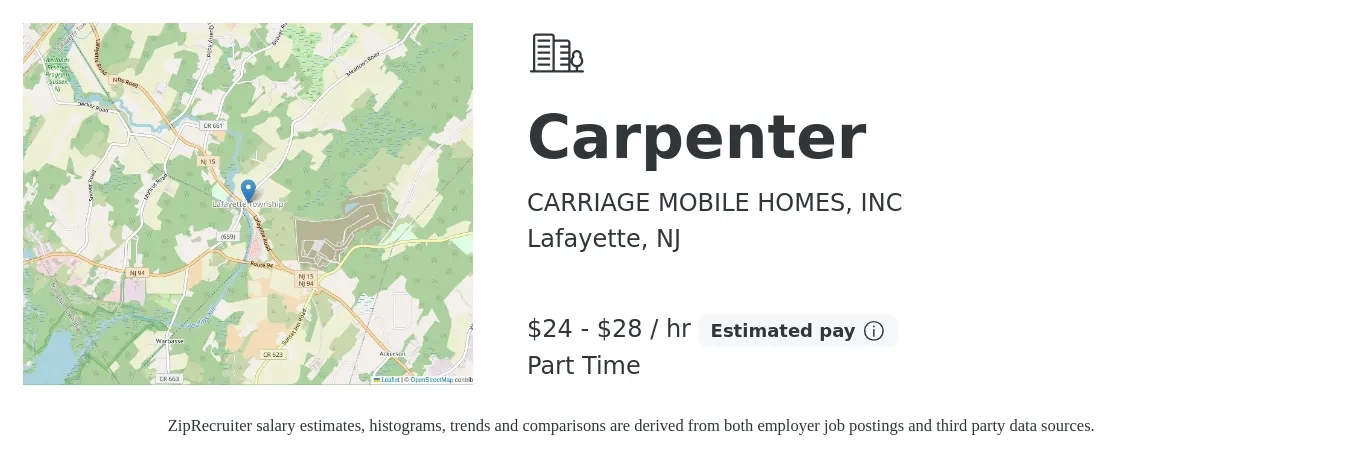 CARRIAGE MOBILE HOMES, INC job posting for a Carpenter in Lafayette, NJ with a salary of $25 to $30 Hourly with a map of Lafayette location.