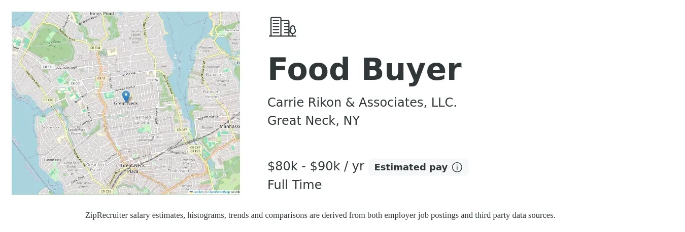 Carrie Rikon & Associates, LLC. job posting for a Food Buyer in Great Neck, NY with a salary of $80,000 to $90,000 Yearly with a map of Great Neck location.