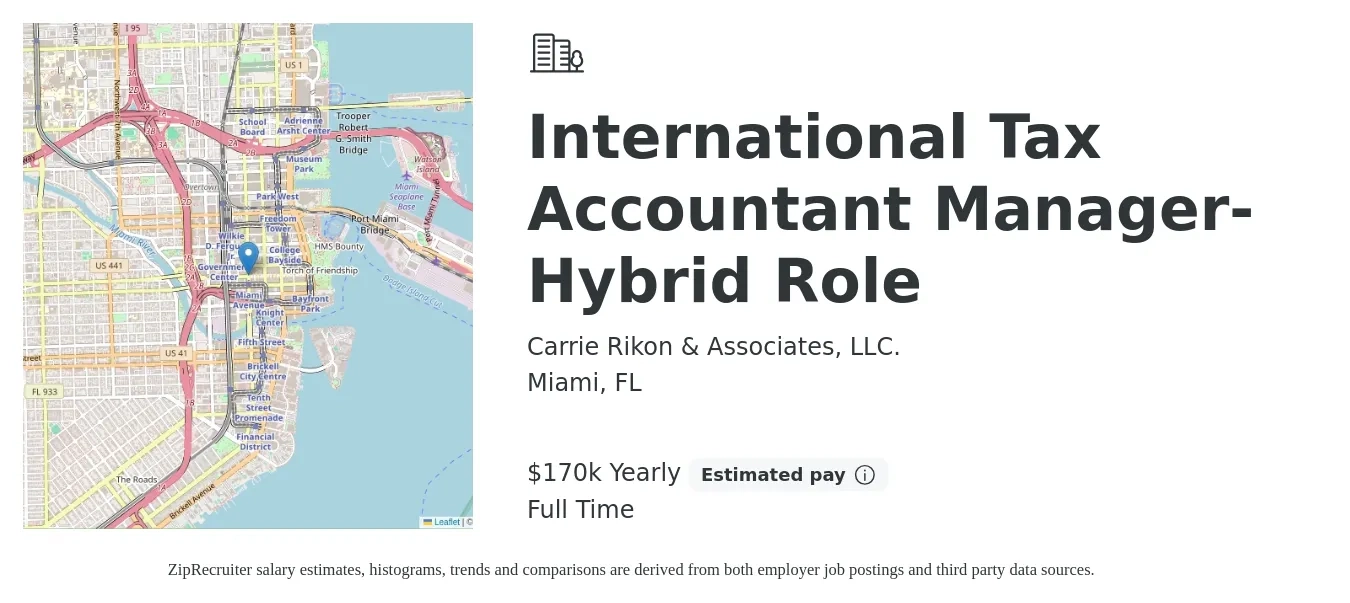 Carrie Rikon & Associates, LLC. job posting for a International Tax Accountant Manager- Hybrid Role in Miami, FL with a salary of $170,000 Yearly with a map of Miami location.