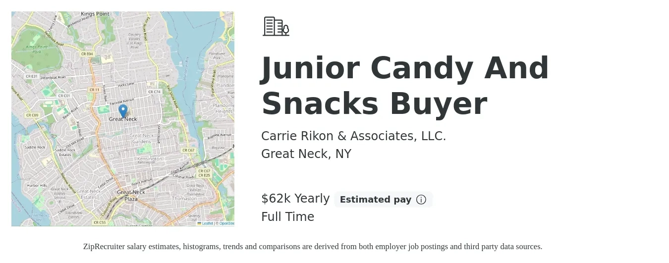 Carrie Rikon & Associates, LLC. job posting for a Junior Candy And Snacks Buyer in Great Neck, NY with a salary of $62,400 Yearly with a map of Great Neck location.