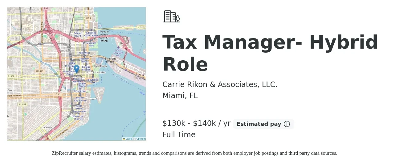 Carrie Rikon & Associates, LLC. job posting for a Tax Manager- Hybrid Role in Miami, FL with a salary of $175,000 to $185,000 Yearly with a map of Miami location.