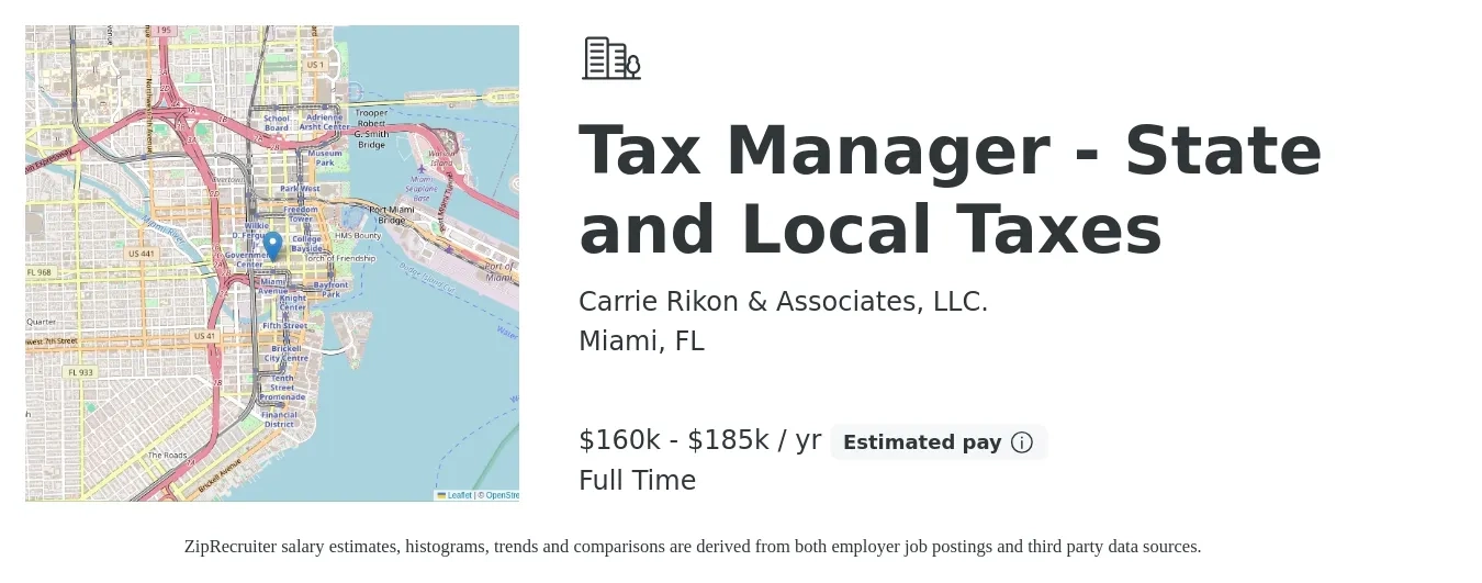 Carrie Rikon & Associates, LLC. job posting for a Tax Manager - State and Local Taxes in Miami, FL with a salary of $160,000 to $185,000 Yearly with a map of Miami location.