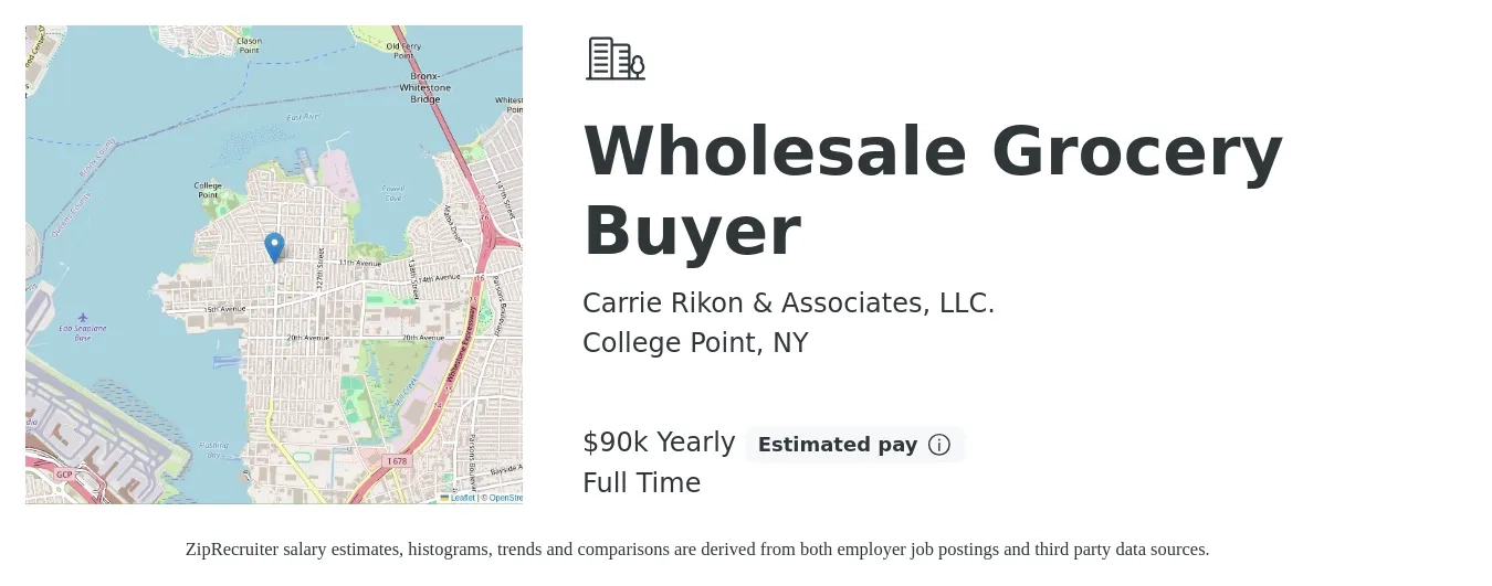 Carrie Rikon & Associates, LLC. job posting for a Wholesale Grocery Buyer in College Point, NY with a salary of $85,000 to $95,000 Yearly with a map of College Point location.
