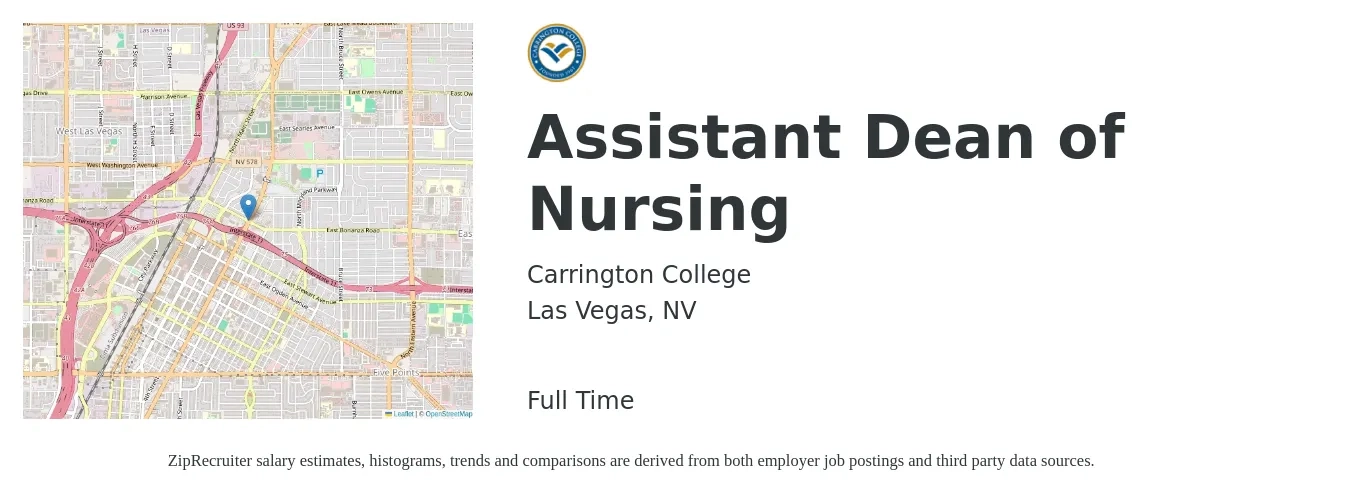 Carrington College job posting for a Assistant Dean of Nursing in Las Vegas, NV with a salary of $28,800 to $38,000 Yearly with a map of Las Vegas location.
