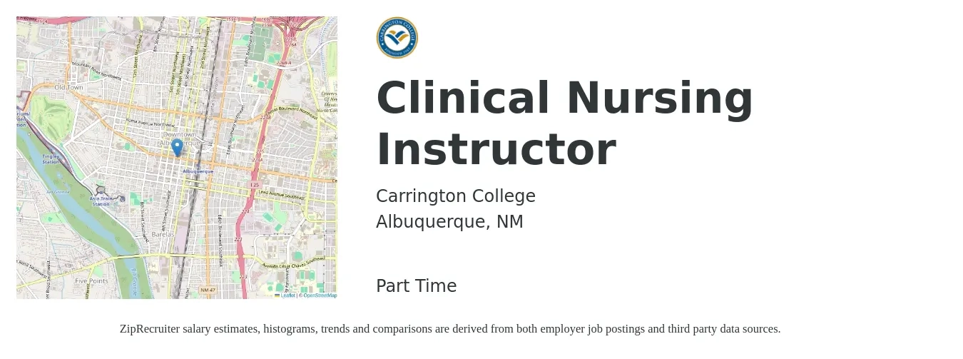 Carrington College job posting for a Clinical Nursing Instructor in Albuquerque, NM with a salary of $38 to $52 Hourly with a map of Albuquerque location.